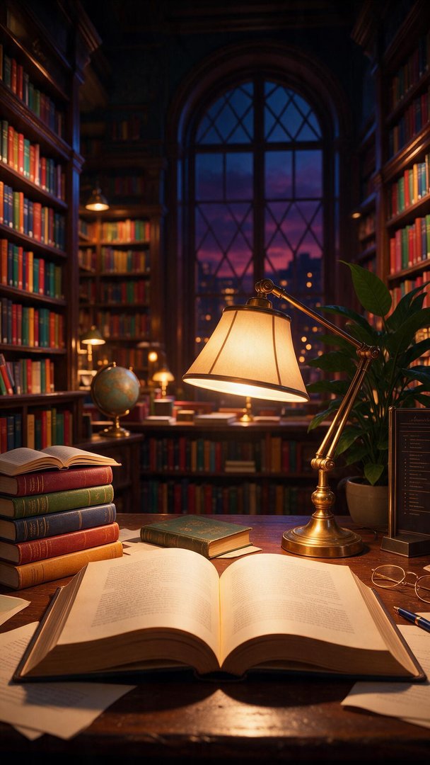 Warm lamplight pools over an open book and scattered pages on a polished wooden desk, surrounded by stacked hardcovers, a brass globe, and towering shelves of richly colored spines that recede toward a tall arched window framing a violet-pink twilight skyline. The intimate, scholarly glow and calm dusk outside evoke a quiet celebration of International Literacy Day, inviting reflection on the power of reading.