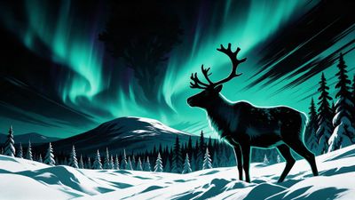 A lone reindeer stands in a snow-covered Lapland forest, silhouetted against emerald Northern Lights that ripple over distant hills, creating a tranquil, otherworldly night scene.