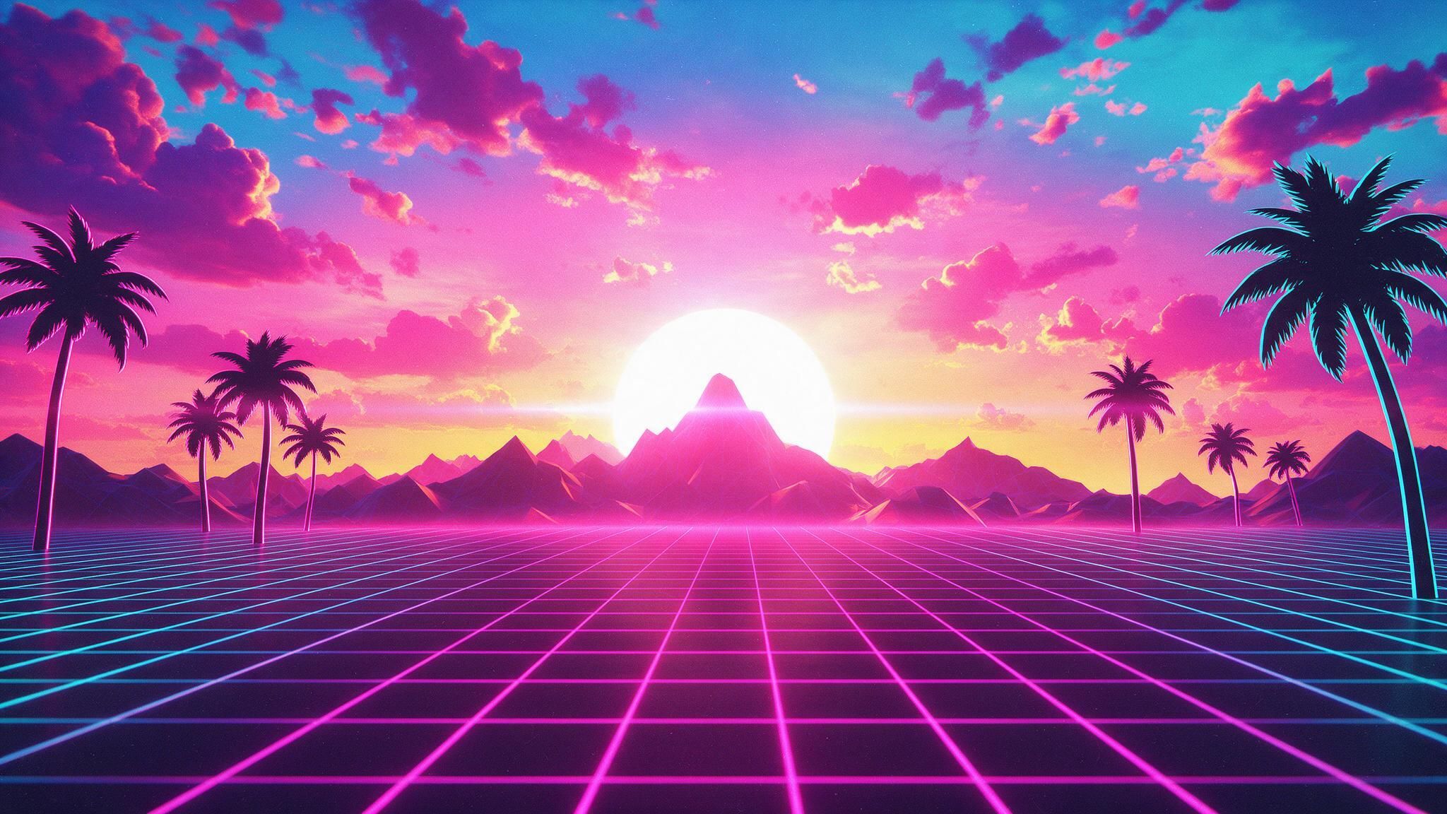Neon synthwave scene with a white-hot sun setting behind polygonal mountains and silhouetted palm trees along a magenta-and-cyan grid floor, creating a retro-futuristic, nostalgic mood.