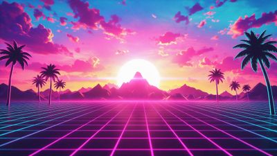 Neon synthwave scene with a white-hot sun setting behind polygonal mountains and silhouetted palm trees along a magenta-and-cyan grid floor, creating a retro-futuristic, nostalgic mood.