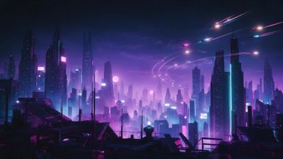 Neon-lit cyberpunk city skyline at night, seen from a dark rooftop with towering skyscrapers glowing purple and blue as flying cars leave bright streaks across the sky. The mood is electric and slightly ominous, capturing a futuristic urban atmosphere.