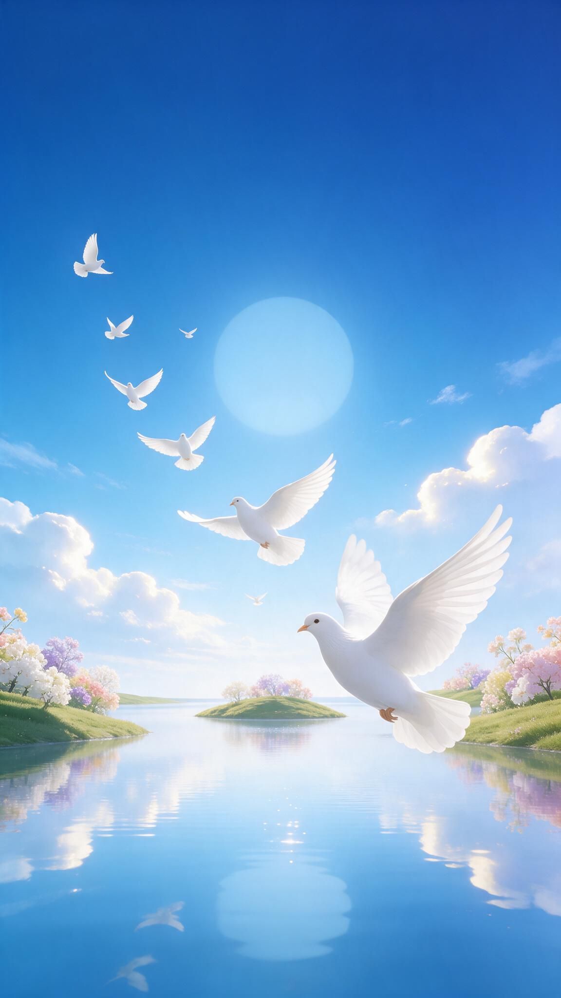 White doves glide upward across a crystal-blue sky, their wings catching soft morning light above a glassy lake that mirrors drifting clouds. Pastel blossoms and gentle green islets frame the water, evoking the quiet hope celebrated on International Day of Peace.