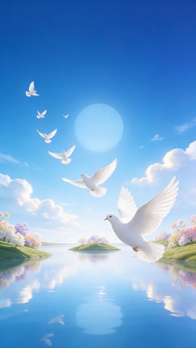 White doves glide upward across a crystal-blue sky, their wings catching soft morning light above a glassy lake that mirrors drifting clouds. Pastel blossoms and gentle green islets frame the water, evoking the quiet hope celebrated on International Day of Peace.