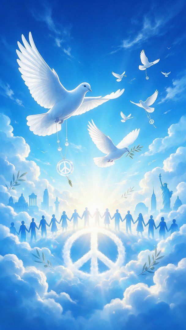 White doves glide through a brilliant cerulean sky, carrying olive sprigs and crystal peace charms above a glowing cloud-shaped peace sign. Silhouetted figures from around the world join hands on the sunlit horizon of soft cumulus, echoing the spirit of the International Day of Peace.