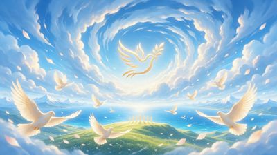 Sunlit clouds spiral around a glowing golden outline of a dove carrying an olive branch, while real white doves glide above emerald hills and a calm turquoise sea, scattering soft pink petals in a scene that breathes quiet serenity and nods to the International Day of Peace.