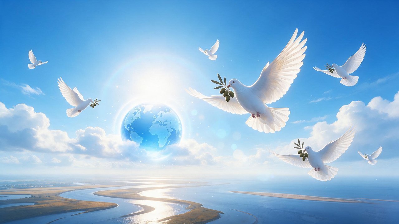 Sunlit doves carrying olive branches glide across a radiant blue sky, encircling a glowing Earth above tranquil coastal wetlands, the whole scene bathed in soft light that evokes unity and calm befitting the International Day of Peace.