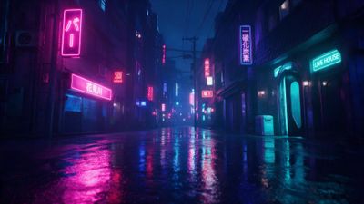 Rain-slick alleyway in cyberpunk Tokyo at night, lined with vivid pink and blue neon kanji signs and shuttered storefronts. Reflections on the wet pavement amplify a moody, futuristic sense of isolation.