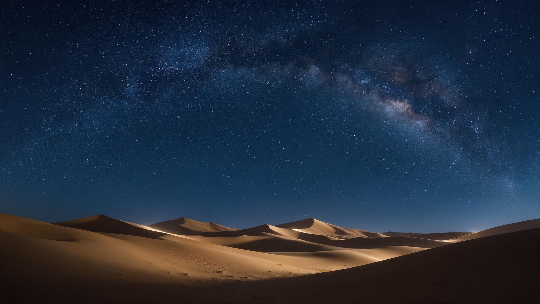Sweeping Sahara sand dunes glow softly under moonlight while an arching Milky Way spans the clear night sky, creating a quiet, contemplative atmosphere.
