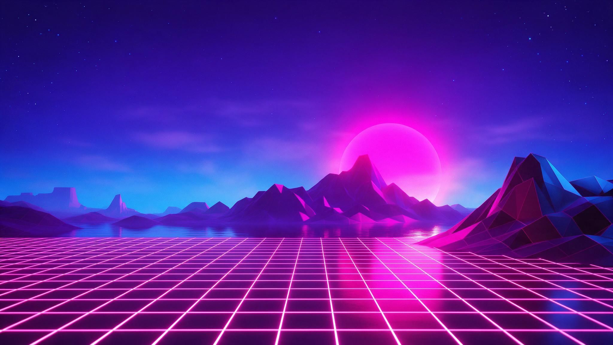 A neon pink grid extends toward faceted, low-poly mountains and a glowing magenta sunset under a starry indigo sky, creating a retro-futuristic landscape. The mood is nostalgic and dreamlike, reminiscent of 1980s synthwave aesthetics.