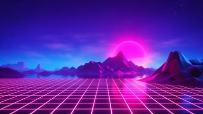 A neon pink grid extends toward faceted, low-poly mountains and a glowing magenta sunset under a starry indigo sky, creating a retro-futuristic landscape. The mood is nostalgic and dreamlike, reminiscent of 1980s synthwave aesthetics.