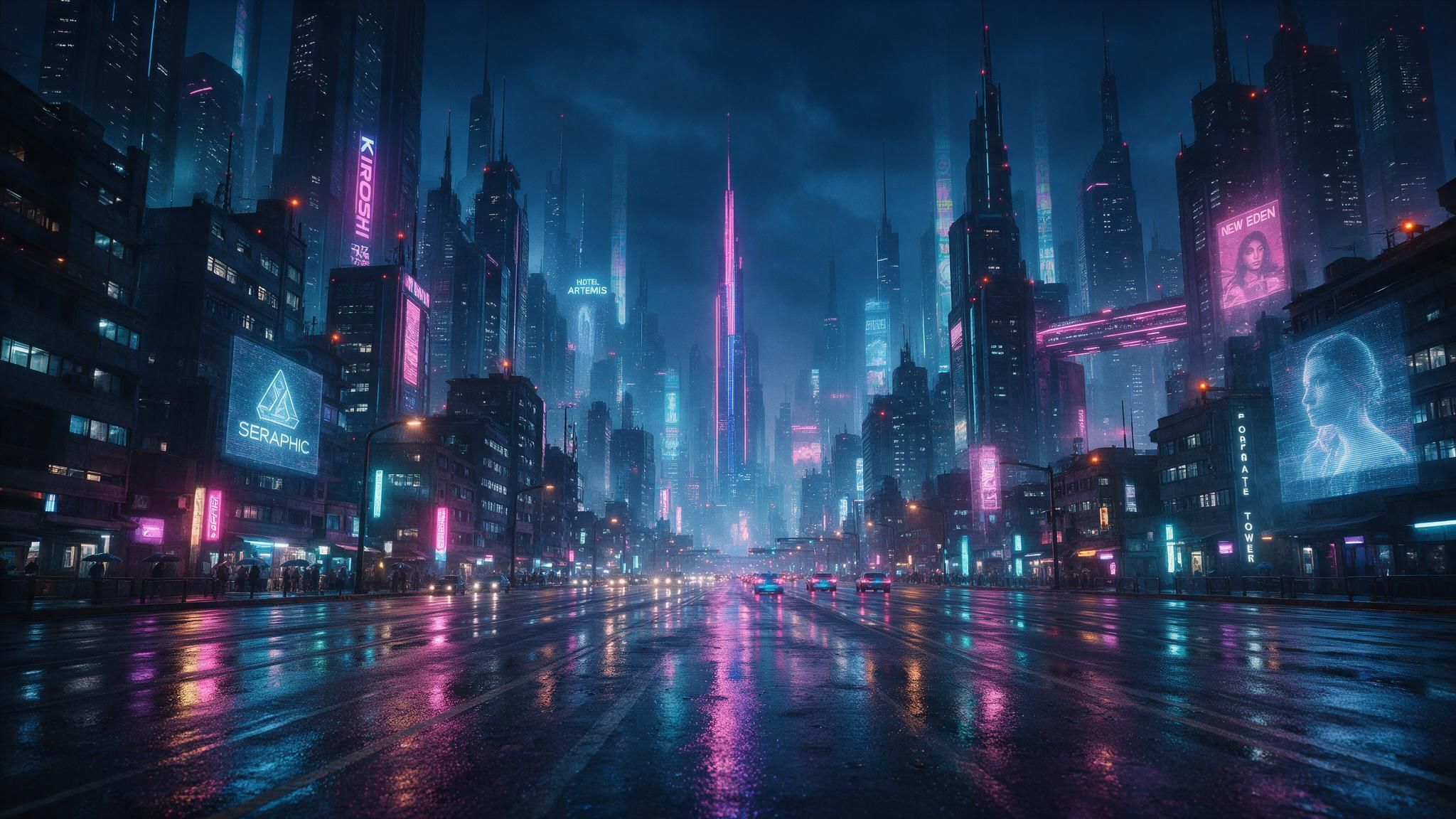 Nighttime cyberpunk cityscape with towering skyscrapers and holographic billboards glows in blue-pink neon as rain slicks the empty boulevard, creating a moody, futuristic atmosphere.