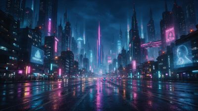 Nighttime cyberpunk cityscape with towering skyscrapers and holographic billboards glows in blue-pink neon as rain slicks the empty boulevard, creating a moody, futuristic atmosphere.