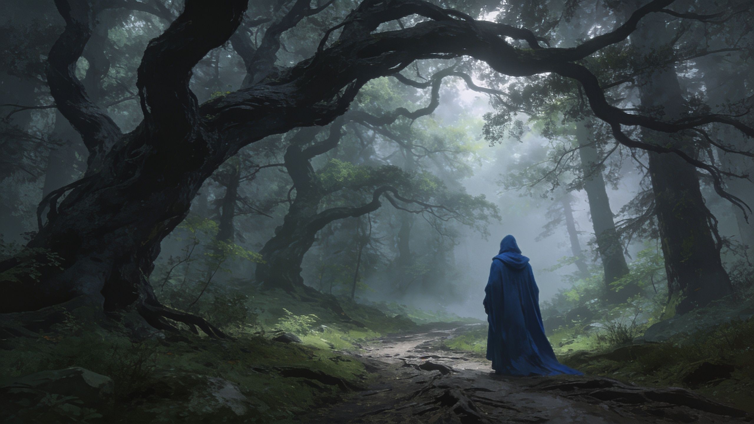A mysterious figure in a flowing blue cloak walks along a winding path through an ancient, misty forest, with twisted trees arching overhead, creating an enchanting and mystical atmosphere.