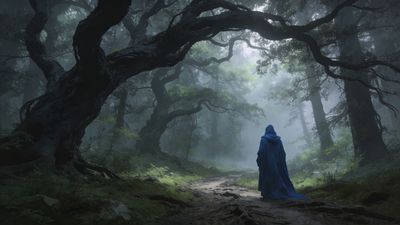 A mysterious figure in a flowing blue cloak walks along a winding path through an ancient, misty forest, with twisted trees arching overhead, creating an enchanting and mystical atmosphere.