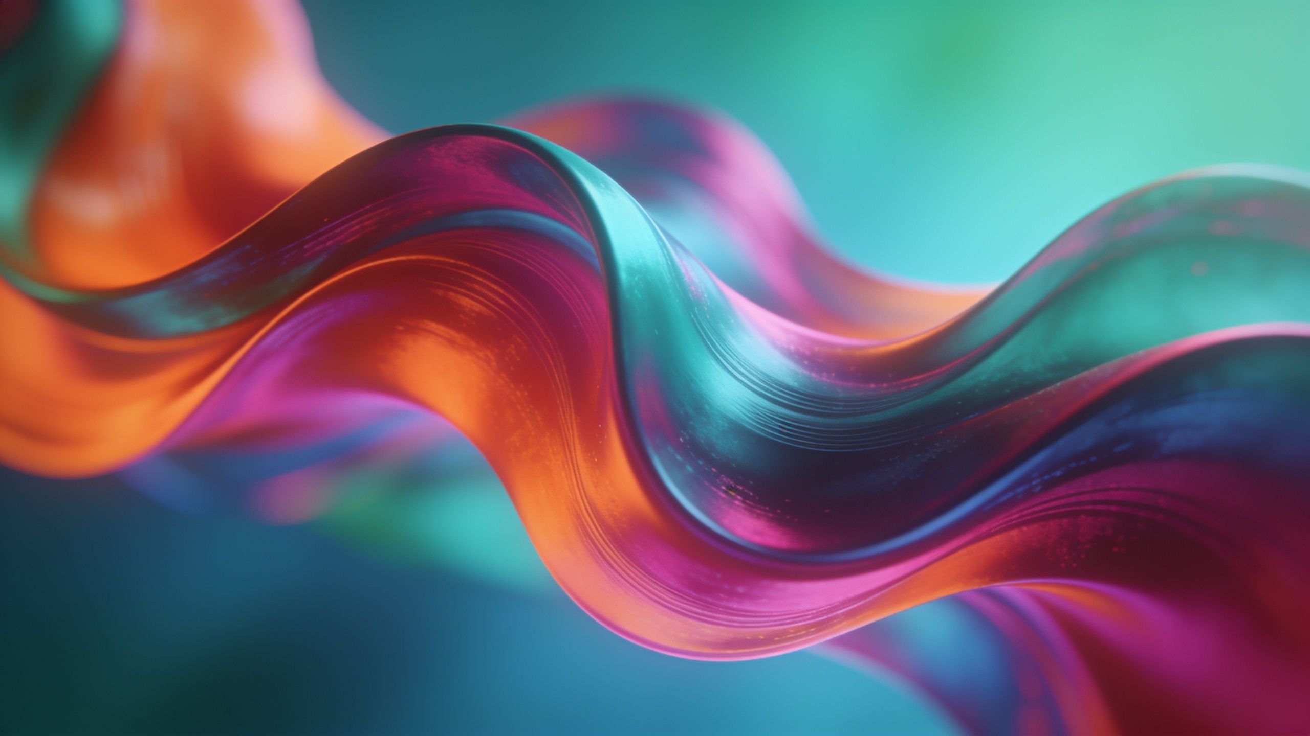A dynamic abstract wallpaper featuring vibrant, flowing waves in shades of orange, pink, teal, and blue, creating a sense of motion and energy against a soft, blurred background. The interplay of colors and smooth curves evokes a lively and uplifting mood.