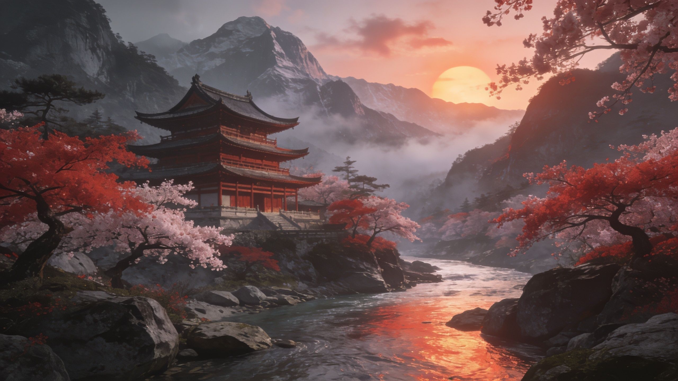 A traditional pagoda stands gracefully by a flowing river, surrounded by vibrant cherry blossoms, as the sun sets behind misty mountains, creating a tranquil and picturesque scene.