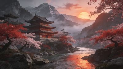 A traditional pagoda stands gracefully by a flowing river, surrounded by vibrant cherry blossoms, as the sun sets behind misty mountains, creating a tranquil and picturesque scene.