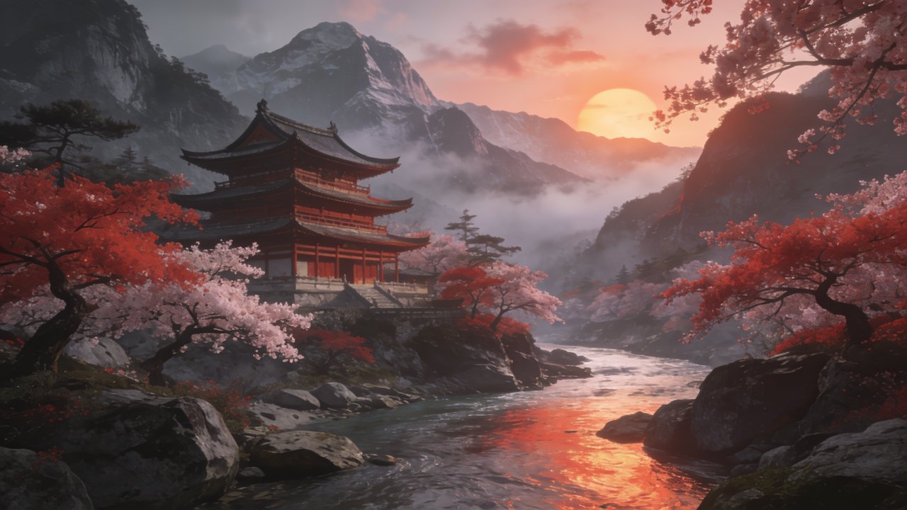 A traditional pagoda stands gracefully by a flowing river, surrounded by vibrant cherry blossoms, as the sun sets behind misty mountains, creating a tranquil and picturesque scene.