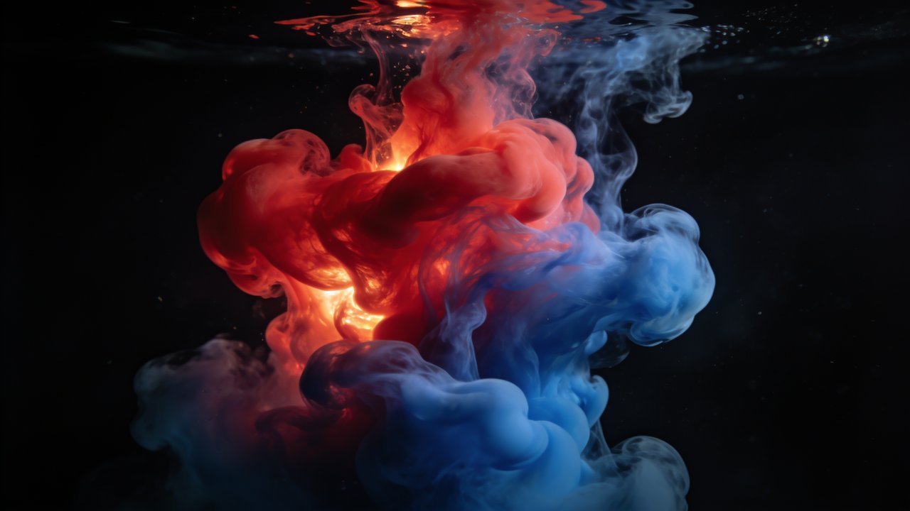 A vibrant underwater scene depicts a dynamic explosion of swirling red and blue ink, creating a mesmerizing and ethereal atmosphere against a dark background. The colors blend and contrast beautifully, evoking a sense of fluidity and artistic expression.