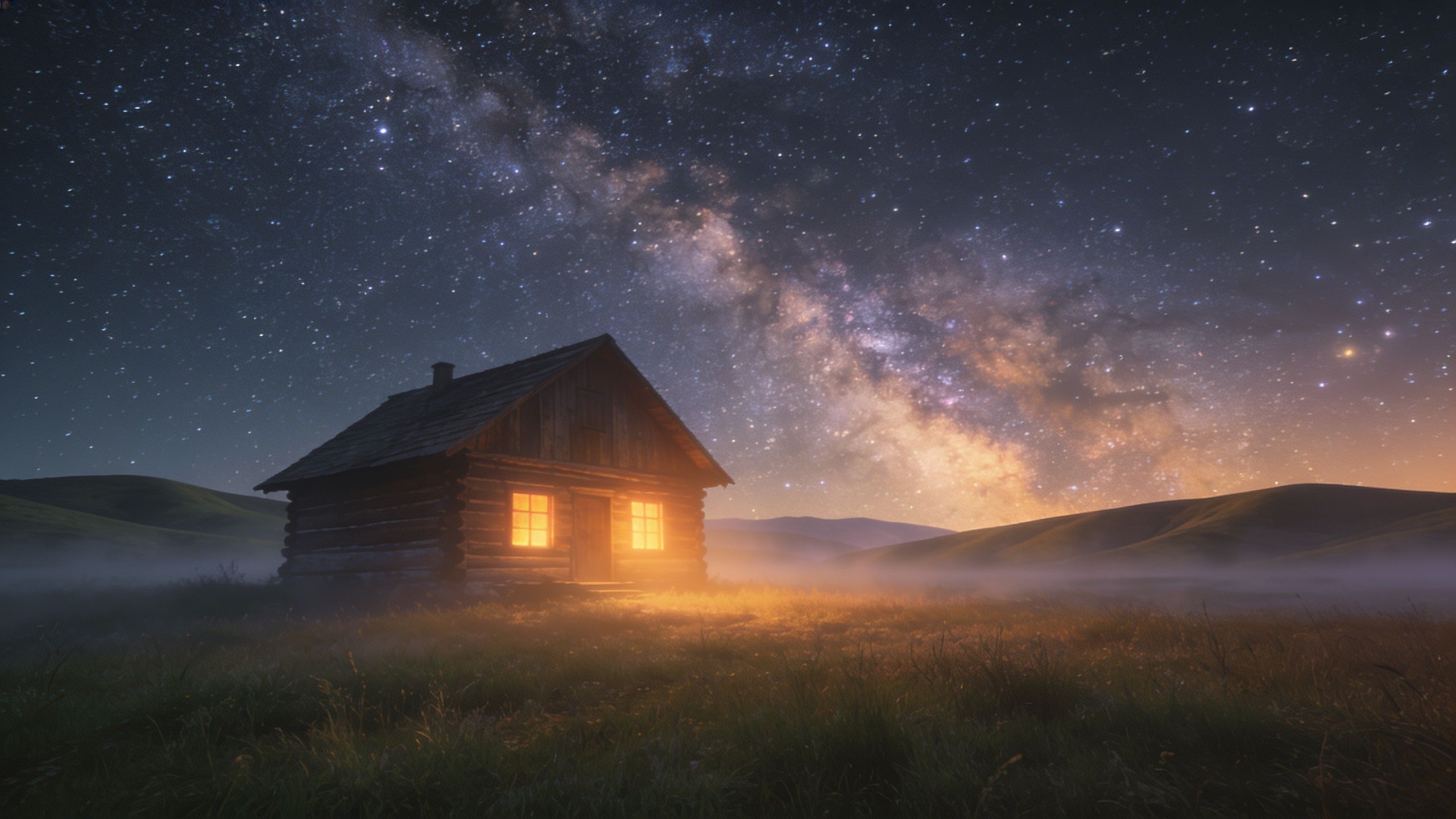 A cozy wooden cabin emits a warm glow under a vast, starry night sky, with the Milky Way visible above and mist gently covering the surrounding grassy landscape, creating a serene and tranquil mood.