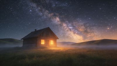 A cozy wooden cabin emits a warm glow under a vast, starry night sky, with the Milky Way visible above and mist gently covering the surrounding grassy landscape, creating a serene and tranquil mood.