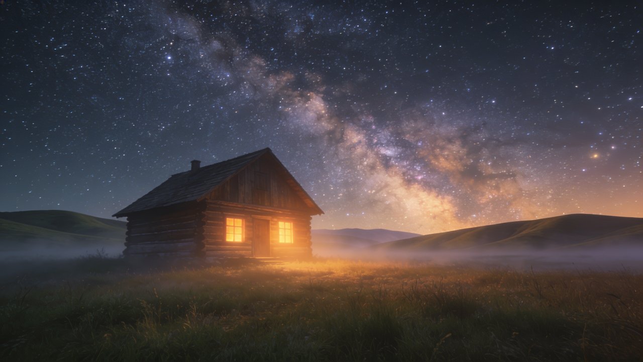 A cozy wooden cabin emits a warm glow under a vast, starry night sky, with the Milky Way visible above and mist gently covering the surrounding grassy landscape, creating a serene and tranquil mood.