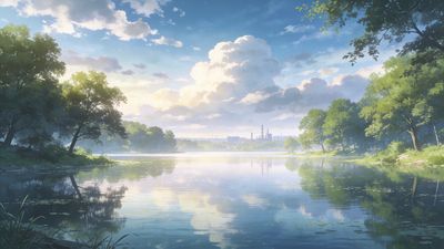 A serene lake reflects the surrounding lush greenery and a sky filled with fluffy clouds, creating a peaceful and calming atmosphere.
