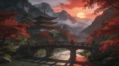 A traditional Japanese temple is nestled among vibrant red maple trees and mountains, with a stone bridge arching over a gently flowing river, all bathed in the warm glow of a setting sun, creating a tranquil and serene atmosphere.