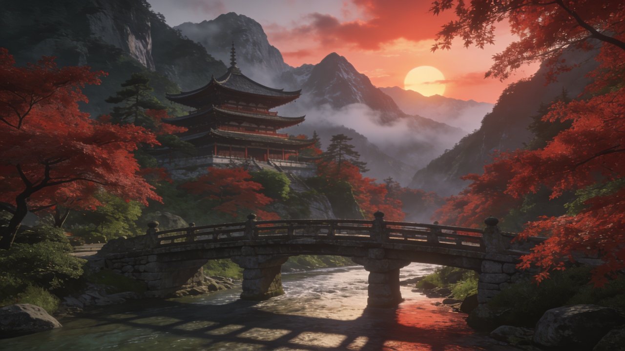 A traditional Japanese temple is nestled among vibrant red maple trees and mountains, with a stone bridge arching over a gently flowing river, all bathed in the warm glow of a setting sun, creating a tranquil and serene atmosphere.