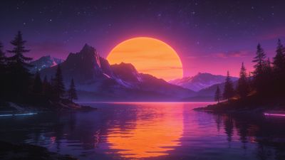 A vibrant sunset casts a warm orange and pink glow over a tranquil mountain lake, with silhouetted pine trees and jagged peaks reflecting in the calm water, creating a serene and peaceful atmosphere.