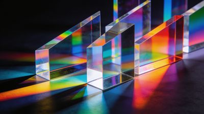 Transparent prisms are arranged on a dark surface, casting vibrant, multicolored reflections that create a dynamic and lively atmosphere.