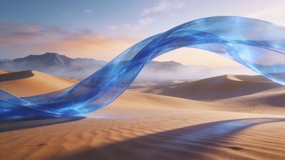 A serene desert landscape features golden sand dunes under a soft, pastel sky, with a flowing, translucent blue ribbon gracefully arching across the scene, creating a tranquil and ethereal mood.