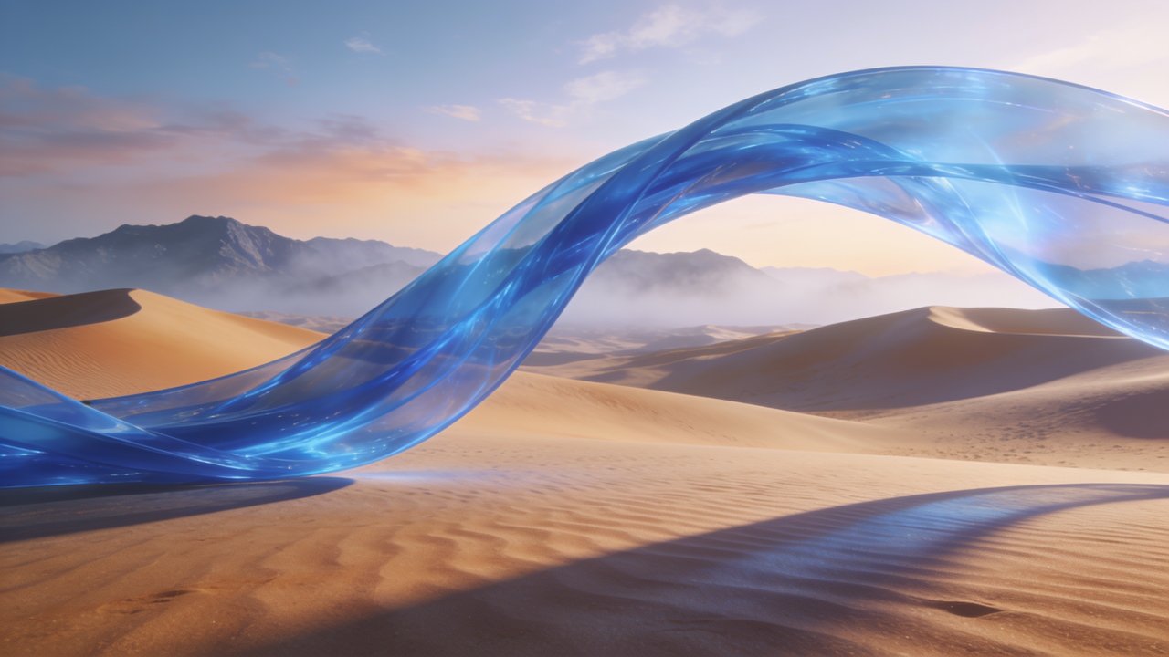 A serene desert landscape features golden sand dunes under a soft, pastel sky, with a flowing, translucent blue ribbon gracefully arching across the scene, creating a tranquil and ethereal mood.