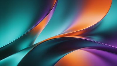 A dynamic abstract wallpaper featuring flowing waves in vibrant hues of teal, orange, and purple, creating a harmonious and energetic mood. The smooth curves and gradient transitions evoke a sense of fluidity and movement.