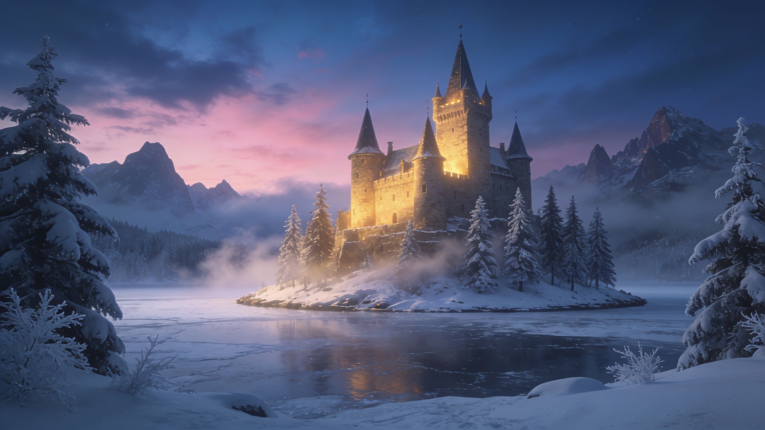 A majestic castle stands illuminated on a snowy island surrounded by a frozen lake, with snow-covered trees and distant mountains under a vibrant dusk sky, creating a serene and magical winter scene.