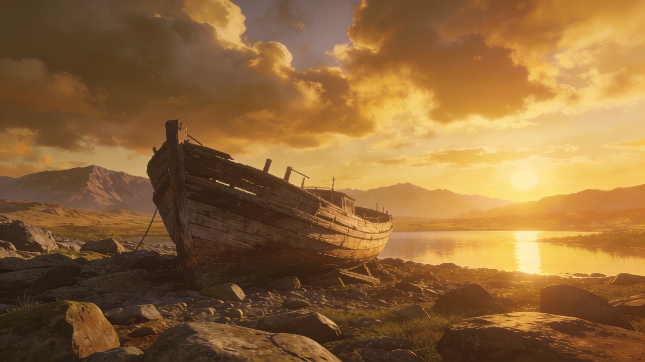 A weathered shipwreck rests on a rocky shore under a golden sunset, with mountains silhouetted in the background and the serene glow of the sun reflecting on the calm water, creating a tranquil and nostalgic atmosphere.