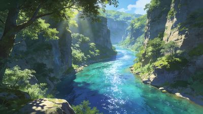 A tranquil river with sparkling blue waters flows through a lush, green canyon under a clear blue sky, creating a serene and peaceful atmosphere. Sunlight filters through the trees, casting dappled shadows on the rocky cliffs and enhancing the vibrant greenery.