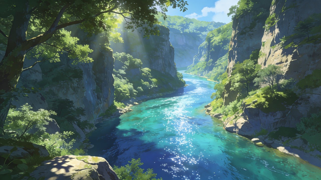 A tranquil river with sparkling blue waters flows through a lush, green canyon under a clear blue sky, creating a serene and peaceful atmosphere. Sunlight filters through the trees, casting dappled shadows on the rocky cliffs and enhancing the vibrant greenery.