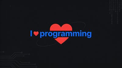 The wallpaper features the phrase "I ❤️ programming" with a red heart symbol replacing the word "love" against a dark background, creating a modern and passionate mood. Binary code and circuit patterns subtly decorate the edges, emphasizing a tech-inspired theme.