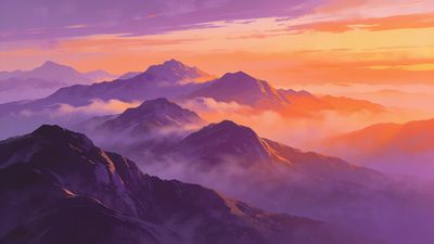 A breathtaking sunrise illuminates a series of misty mountain peaks, casting a warm, golden glow over the landscape, creating a serene and majestic atmosphere.