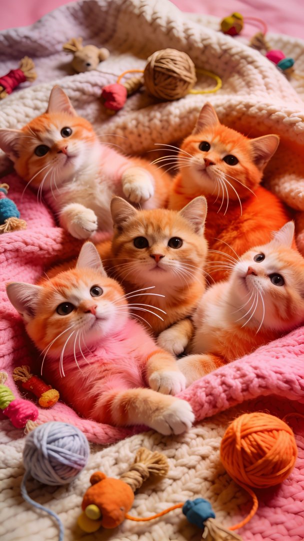 A group of adorable orange and white kittens snuggle together on a cozy pink and cream knitted blanket, surrounded by colorful yarn balls and toys, creating a warm and playful scene perfect for celebrating International Cat Day.
