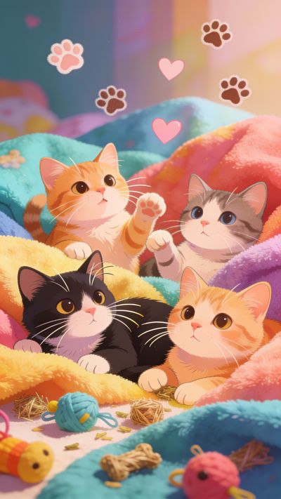 Four adorable kittens with wide, curious eyes are nestled in a colorful array of soft blankets, surrounded by playful yarn balls and toys, creating a warm and joyful scene perfect for celebrating the charm of International Cat Day. Soft lighting enhances the cozy and inviting atmosphere, with whimsical heart and paw print motifs floating above.
