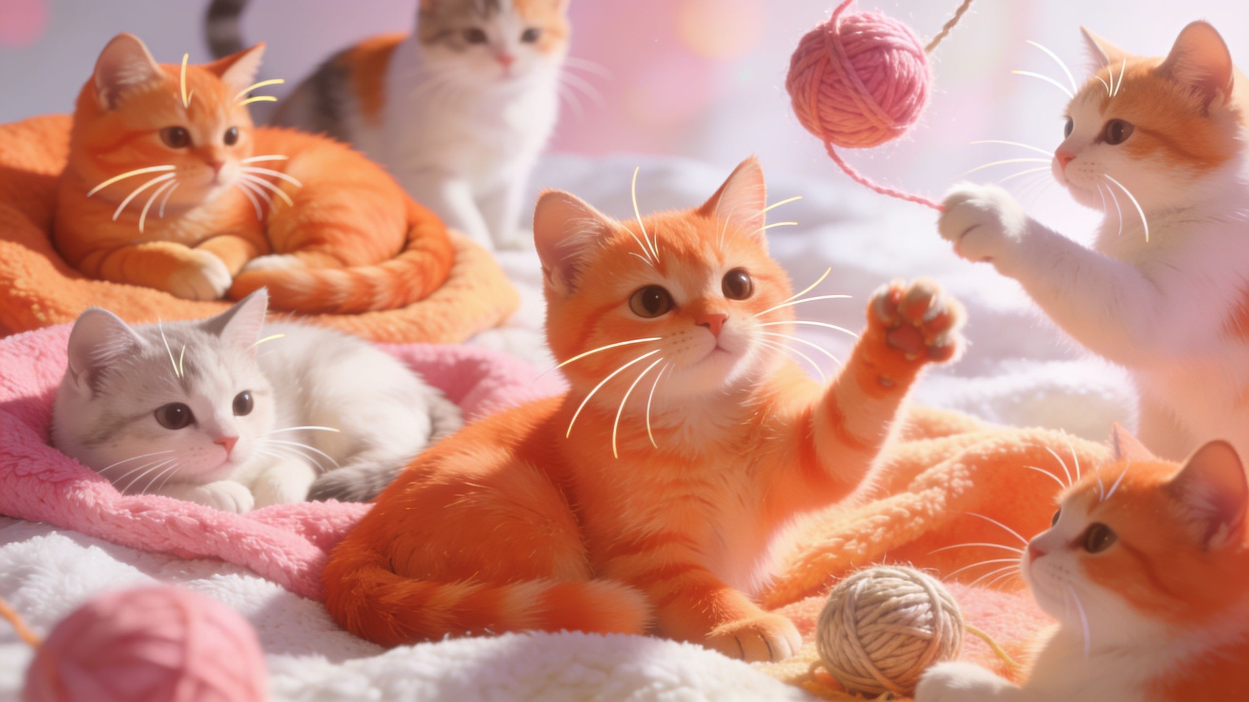 A group of adorable kittens with orange and white fur playfully interact with balls of yarn on a soft, pastel-colored blanket, creating a warm and joyful scene perfect for celebrating the charm of International Cat Day. The soft lighting and gentle colors enhance the cute and cozy atmosphere.