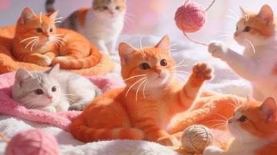 A group of adorable kittens with orange and white fur playfully interact with balls of yarn on a soft, pastel-colored blanket, creating a warm and joyful scene perfect for celebrating the charm of International Cat Day. The soft lighting and gentle colors enhance the cute and cozy atmosphere.