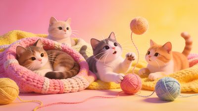 A group of playful kittens is surrounded by colorful yarn balls and cozy knitted blankets, set against a soft gradient background of pink and yellow hues, creating a warm and joyful atmosphere perfect for celebrating the charm of International Cat Day.