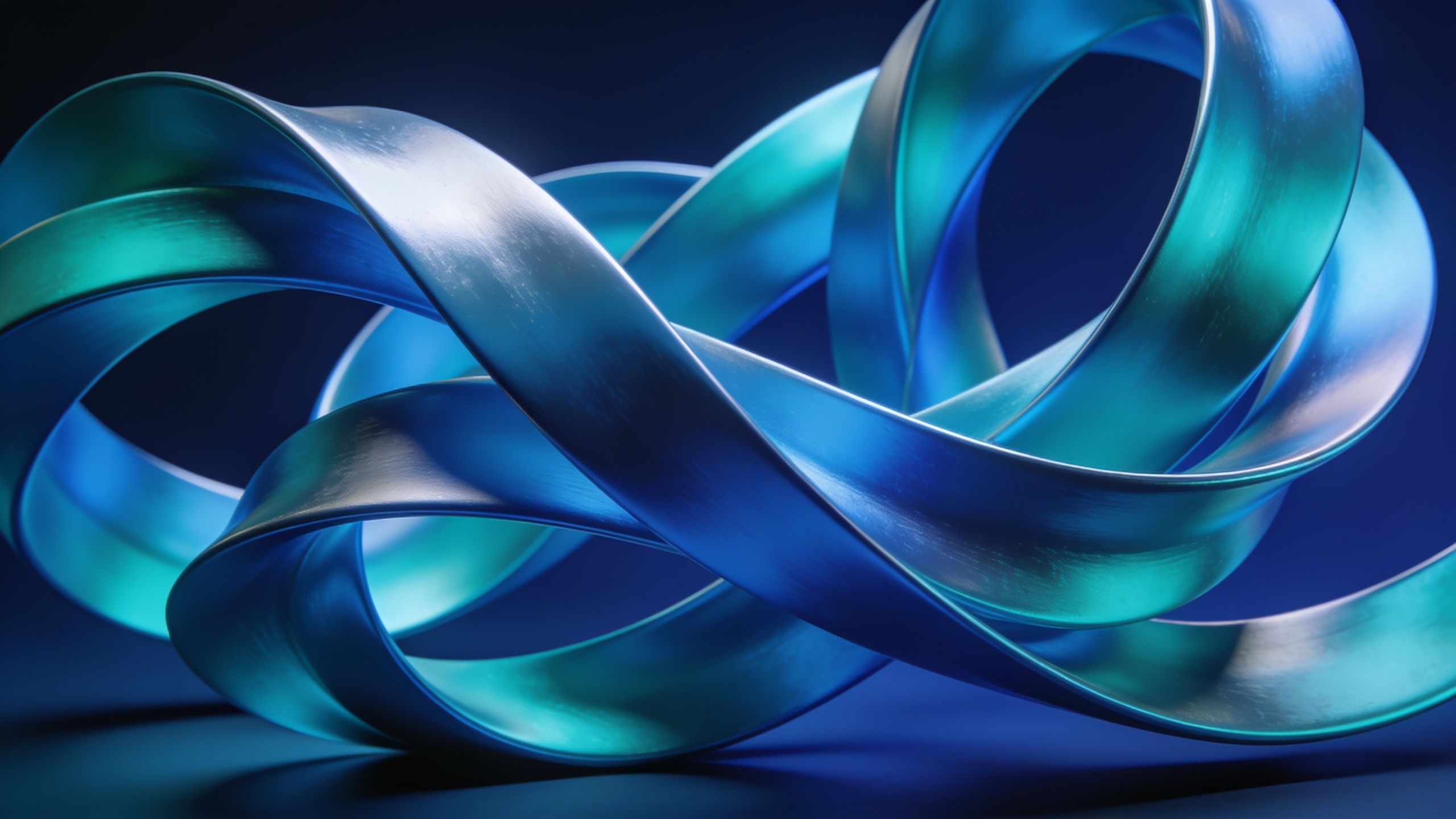An abstract design featuring intertwined ribbons in shades of blue and teal, set against a deep blue background, creating a serene and elegant mood.