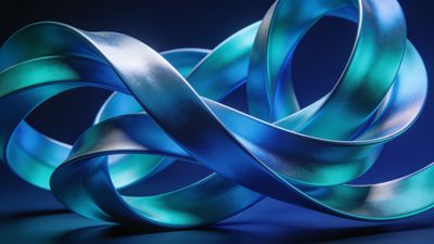 An abstract design featuring intertwined ribbons in shades of blue and teal, set against a deep blue background, creating a serene and elegant mood.