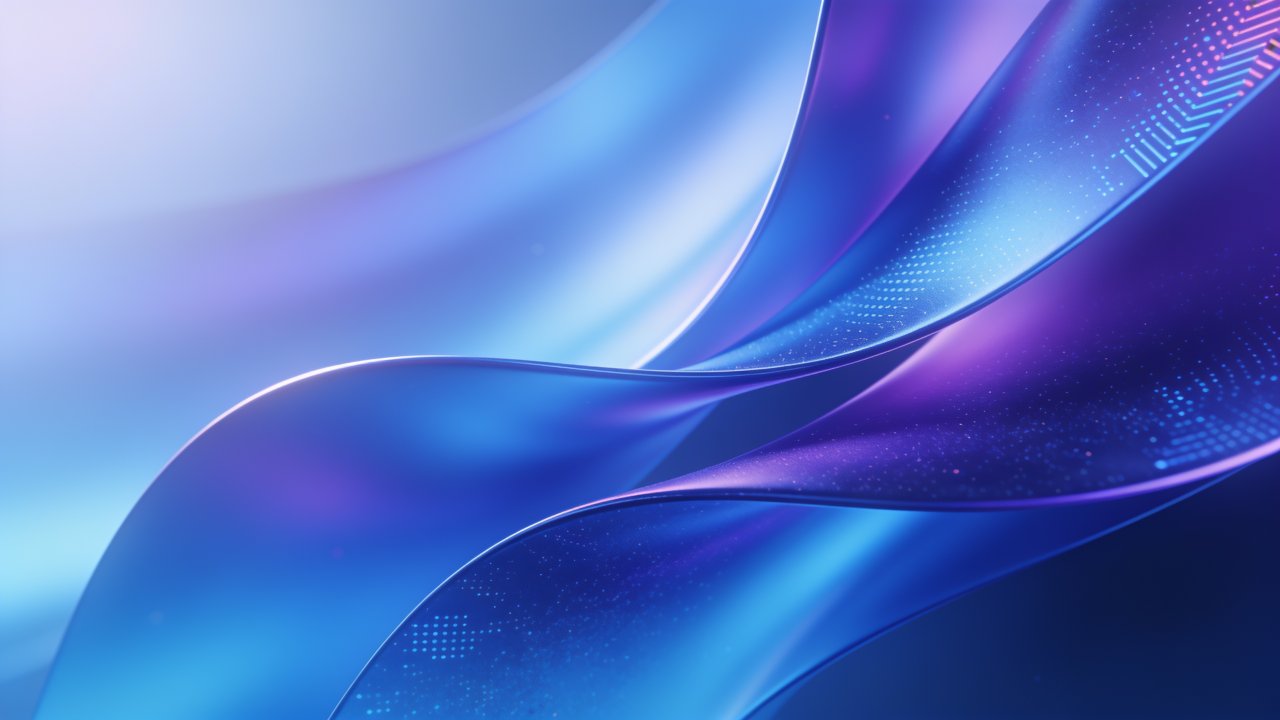 A digital wallpaper featuring elegant, flowing abstract waves in shades of blue and purple, creating a serene and dynamic atmosphere with a soft gradient background. The design conveys a sense of fluidity and tranquility, enhanced by subtle light reflections and textures.