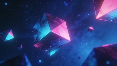 Neon geometric shapes, including cubes and pyramids, float in a cosmic space setting with a vibrant mix of pink and blue hues, creating a futuristic and ethereal mood.
