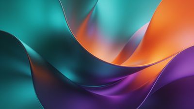 A dynamic abstract wallpaper featuring flowing waves in vibrant shades of teal, orange, and purple, creating a harmonious and energetic mood. The smooth curves and rich colors evoke a sense of movement and fluidity.